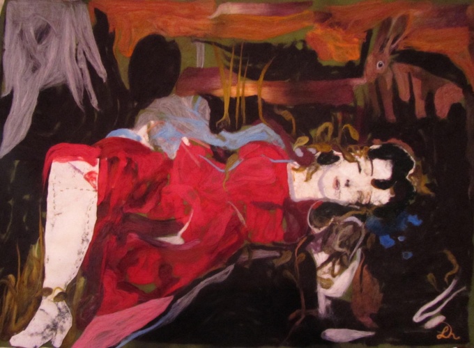 felted wool painting of a murdered woman in red dress