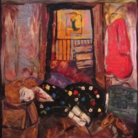 felted wool painting of a murdered woman