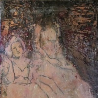 Painting of two debutantes in pink dresses by Laurel Hausler