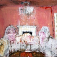 Painting of a great room, draped in sheets by Laurel Hausler