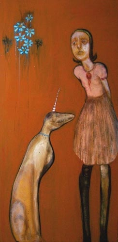 Painting of a unicorn dog with a girl by Laurel Hausler
