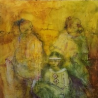 painting of three seated figures by Laurel Haulser