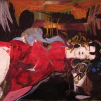 felted wool painting of a murdered woman in red dress
