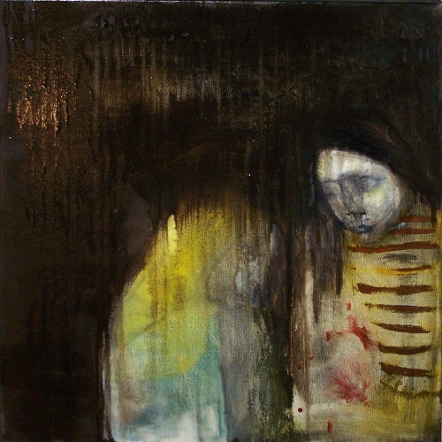 Painting of a mysterious conversation between girls at night by Laurel Hausler