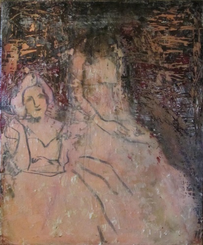 Painting of two debutantes in pink dresses by Laurel Hausler