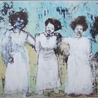 Historical painting of colonial women by Laurel Hausler