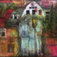 painting of houses with windows by Laurel Hausler