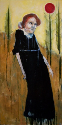 mysterious painting of a girl on a hillside
