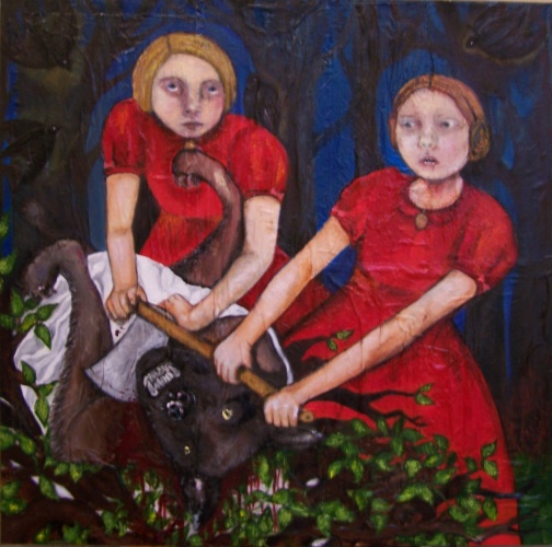 painting of girls killing a wolf