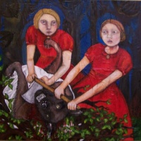 painting of girls killing a wolf