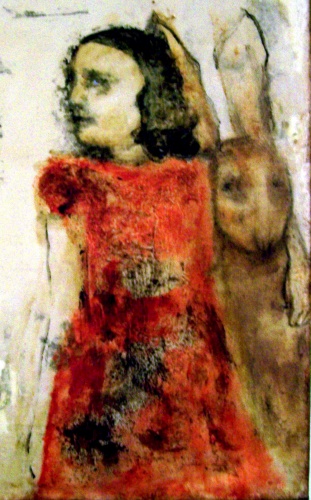 cult painting of girl with rabbit