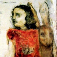 cult painting of girl with rabbit